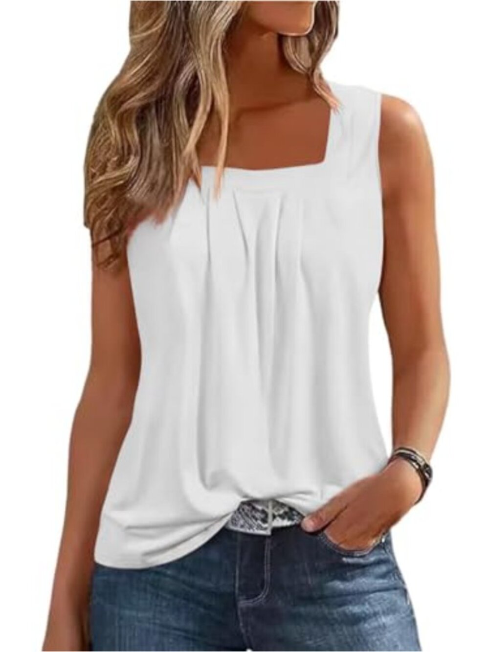 Women's Loose Fit Pleated Square Neck Sleeveless Tank Top Flowy Summer Shirt